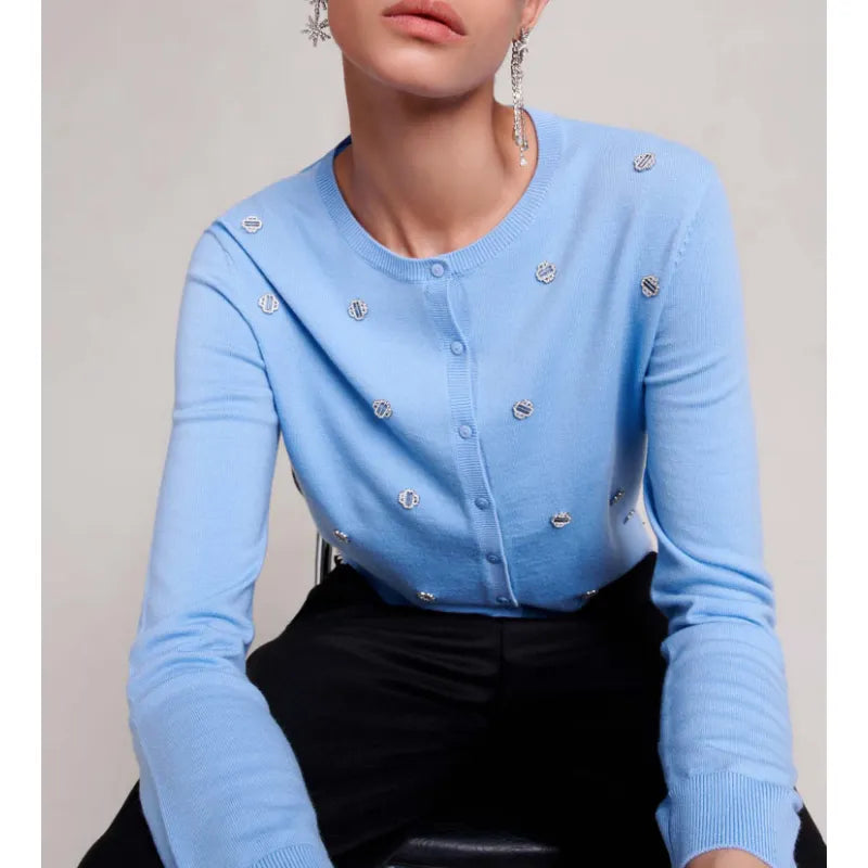 xakxx xakxx Long Sleeve Diamond Embellished Knit Cardigan Blouse Women���s Korean Fashion Vintage