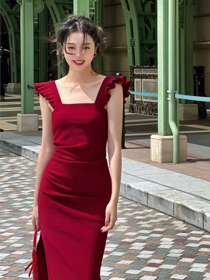 xakxx Elegant Spaghetti Strap Midi Dress For Women Fashion Summer One Piece Bodycon Party Robe Vestidos