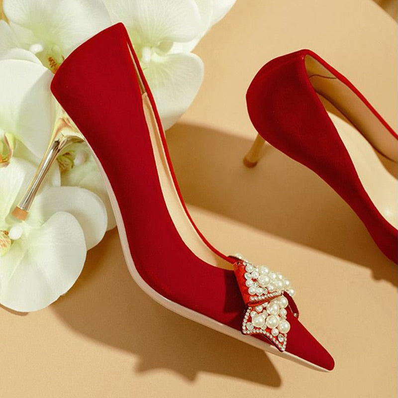 xakxx Sexy Red Velvet Wedding Shoes For Women  Luxury Pearl Bowknot Pointed Toe Pumps Woman Stiletto High Heels Dress Shoes