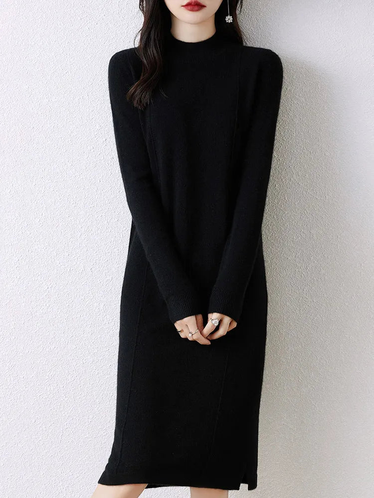 xakxx xakxx-Cashmere sweater women's 100 pure wool long semi-turtle neck skirt autumn and winter loose sweater dress