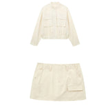 xakxx - New women's temperament, fashion and vitality, linen blend bomber jacket, mid-waist hakama with pockets