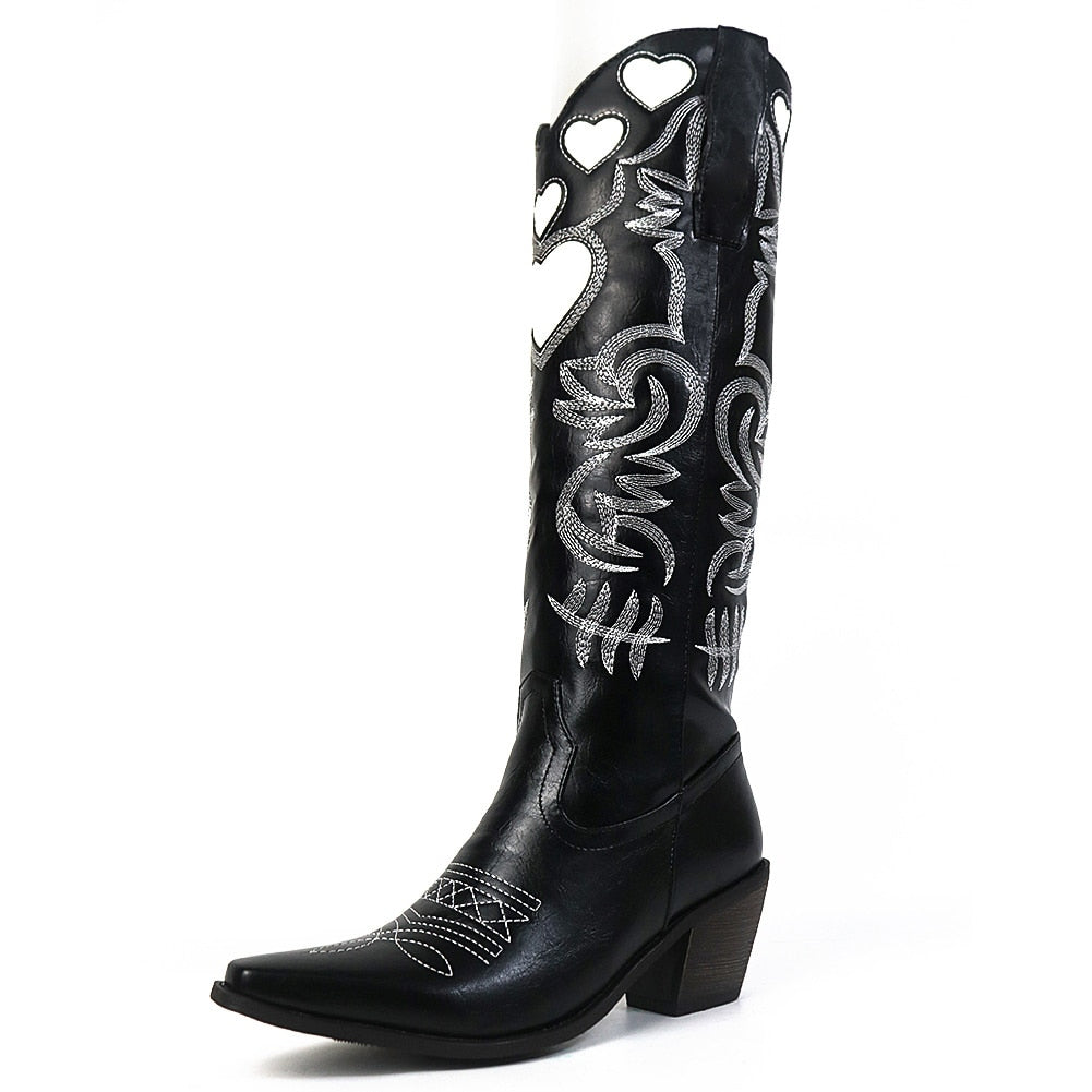 xakxx Halloween Cowboy Knee High Boots For Women Western Love Heart Slip On Stacked Heels Long Boots Pointed Toe Walking Casual Autumn Shoes
