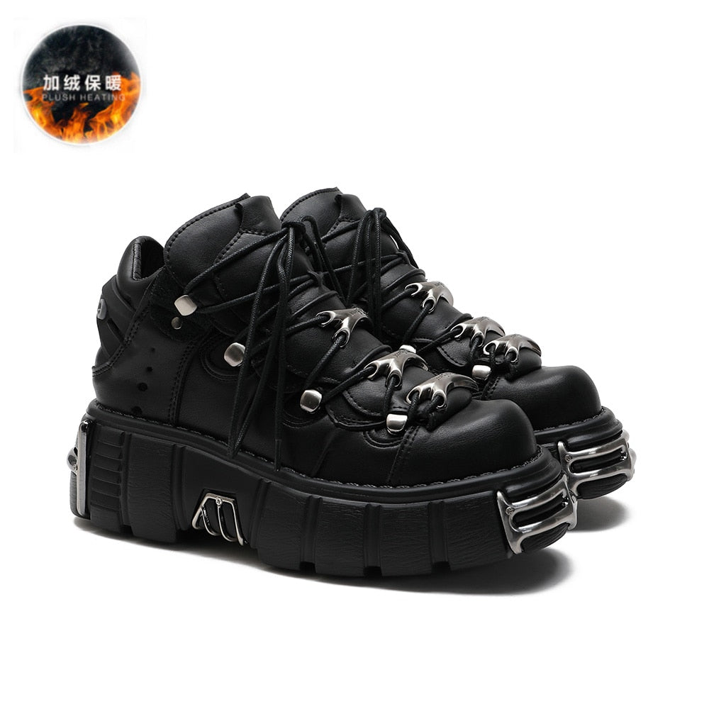 xakxx Halloween Women's Punk Style Leather Shoes Lace-Up Heel Height 6CM Platform Female Gothic Ankle Boots PU Metal Decor Thick Bottom Sneakers
