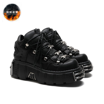 xakxx Halloween Women's Punk Style Leather Shoes Lace-Up Heel Height 6CM Platform Female Gothic Ankle Boots PU Metal Decor Thick Bottom Sneakers