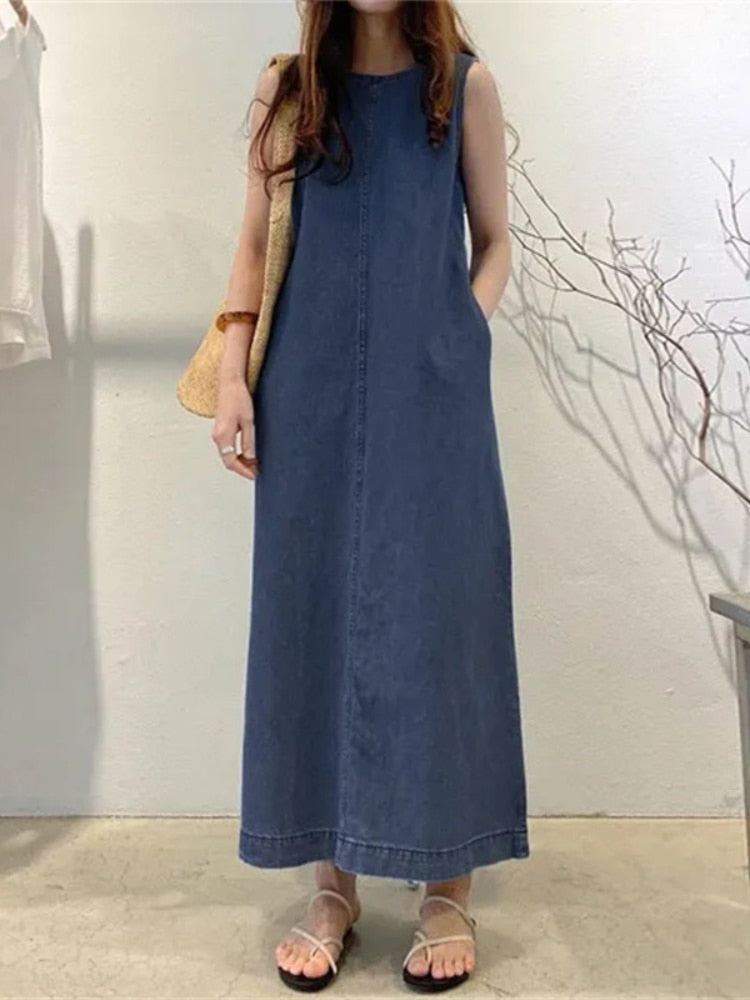xakxx Blue Summer Dress Women  Fashion Korea Elegant Thin Imitation Denim Vintage Loose Sleeveless Long Dress Streetwear Clothes