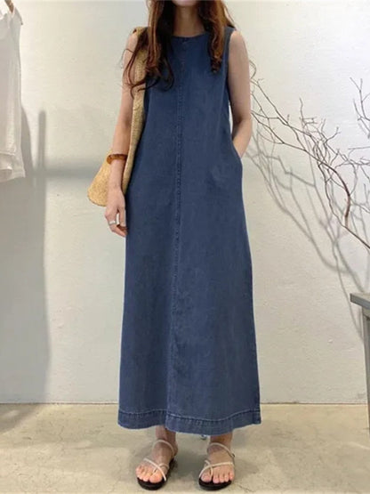 xakxx Blue Summer Dress Women  Fashion Korea Elegant Thin Imitation Denim Vintage Loose Sleeveless Long Dress Streetwear Clothes