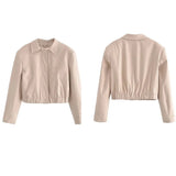 xakxx - New style women's casual temperament lapel long sleeves with shoulder pads elastic hem short bomber jacket