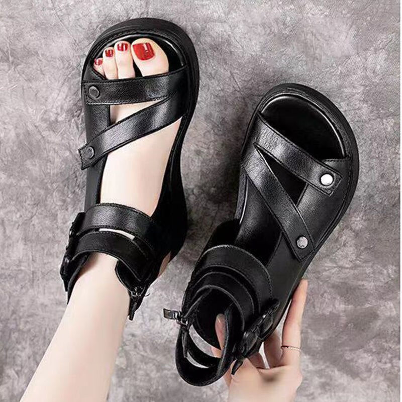 xakxx  New Women's Sandals Summer Leisure Comfort Wedge Shoes Vintage Classic Outdoor Durable Leather Thick Sole Flat Shoes