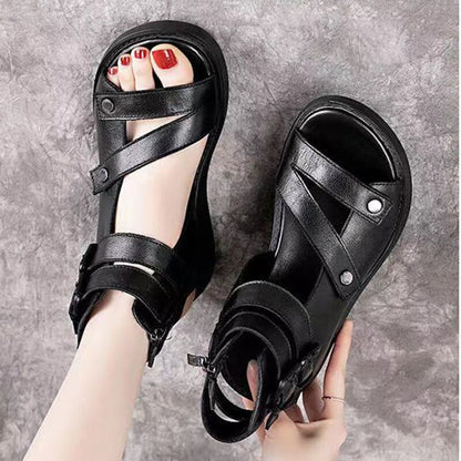 xakxx  New Women's Sandals Summer Leisure Comfort Wedge Shoes Vintage Classic Outdoor Durable Leather Thick Sole Flat Shoes