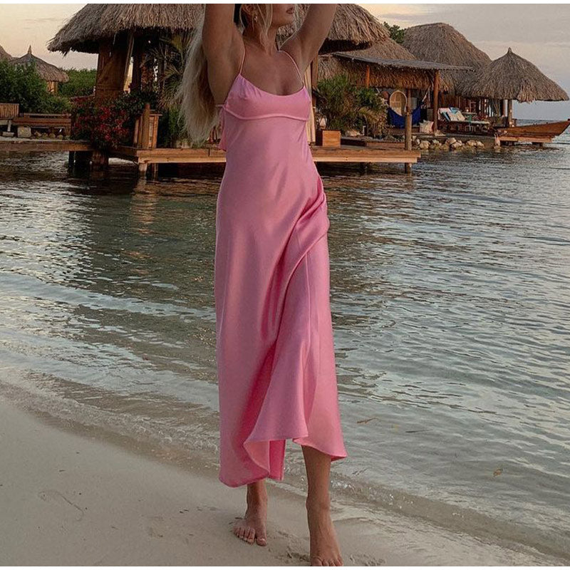 xakxx  Pink Camis Satin Long Dresses Elegant Sleeveless Slip Holiday Party Dresses Sexy Casual Backless Summer Dresses Women