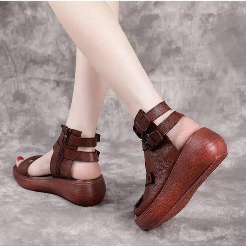 xakxx  New Women's Sandals Summer Leisure Comfort Wedge Shoes Vintage Classic Outdoor Durable Leather Thick Sole Flat Shoes