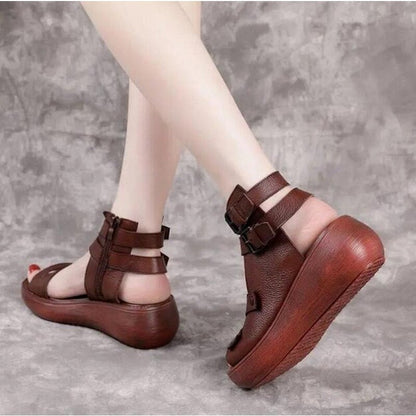 xakxx  New Women's Sandals Summer Leisure Comfort Wedge Shoes Vintage Classic Outdoor Durable Leather Thick Sole Flat Shoes
