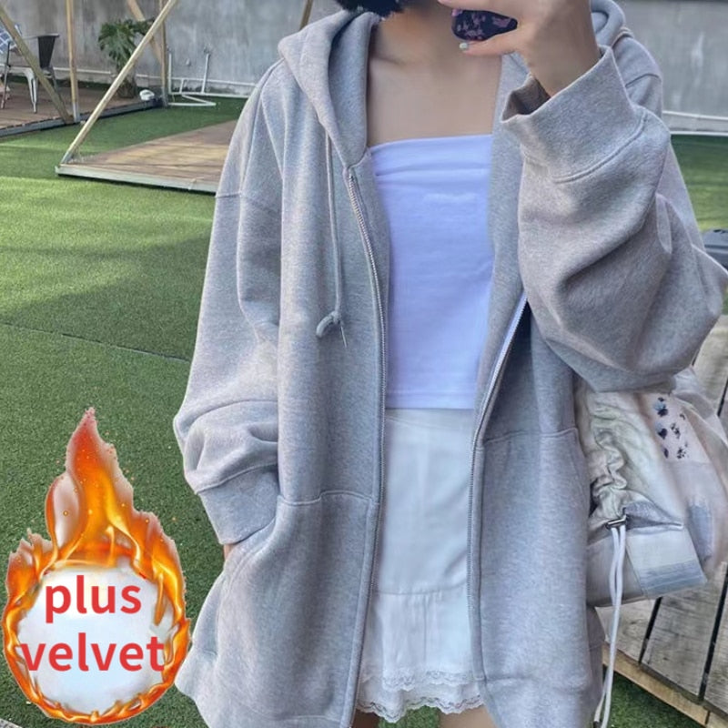 xakxx Korean Style Oversize Gray Hoodies Women Streetwear Loose Hooded Sweatshirt Female Casual Black Long Sleeve Tops Jacket
