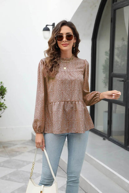 xakxx- vintage Floral Printed A-Line Blouse Women Round Neck Long Sleeve T Shirt OL Spring Autumn Fashion Tops