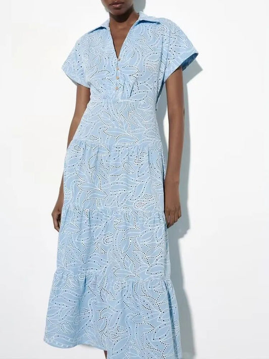 xakxx- New style women's clothing, temperament, fashion, casual, sweet, thin, lapel, short-sleeved, hollow embroidery, shirt dress