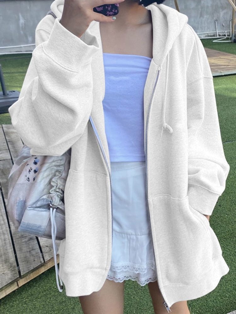 xakxx Korean Style Oversize Gray Hoodies Women Streetwear Loose Hooded Sweatshirt Female Casual Black Long Sleeve Tops Jacket