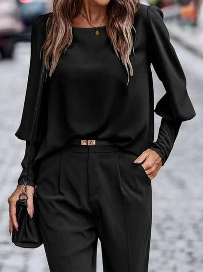xakxx- Chic New Lantern Sleeve Button O Neck Shirts Women Solid Color Blouse Autumn Spring Lady OL Tops