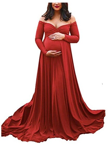 xakxx Long Tail Maternity Dresses Photography Props V-Neck Maxi Gown Cotton Dress Pregnant Women Pregnancy Autumn Photo Shoot Clothes