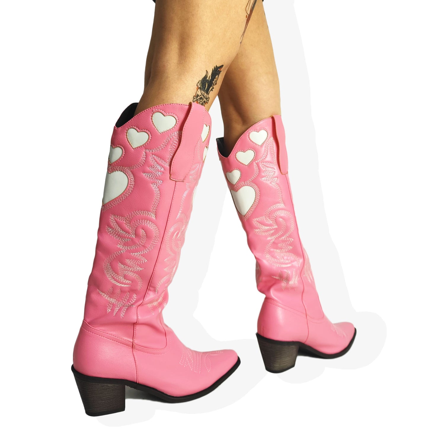 xakxx Halloween Cowboy Knee High Boots For Women Western Love Heart Slip On Stacked Heels Long Boots Pointed Toe Walking Casual Autumn Shoes