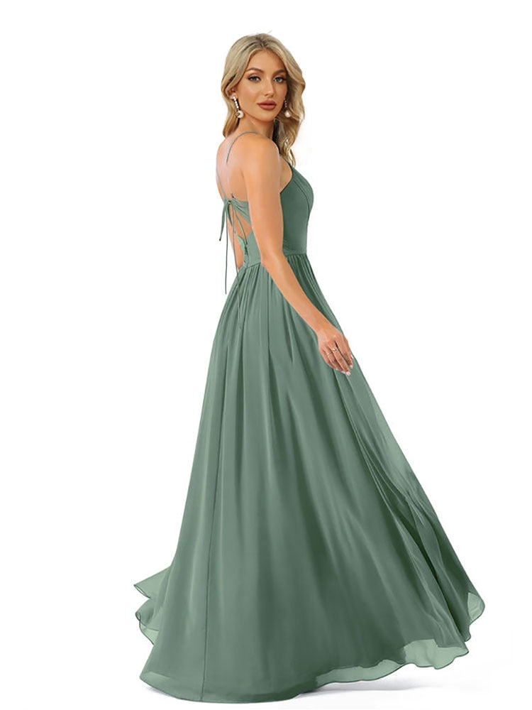 xakxx Long Evening Dress Chiffon Bridesmaid Dresses Women A-line V-Neck Dress Spaghetti Strap Formal Wedding Prom Party
