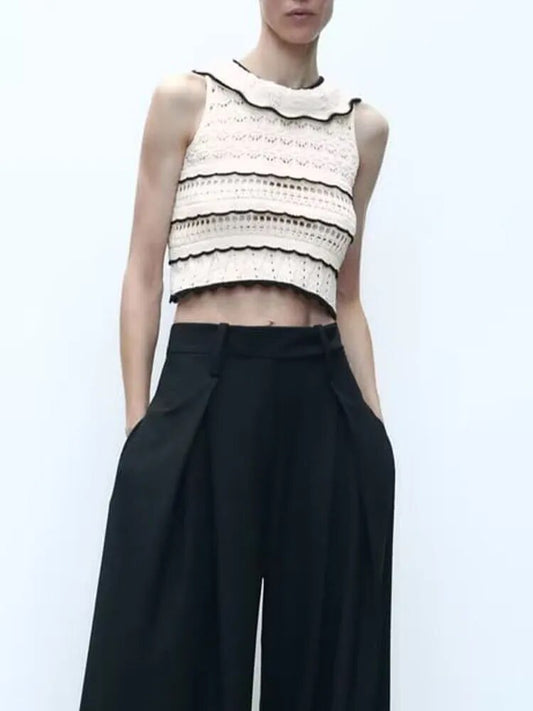 xakxx xakxx - New women's  round neck sleeveless top with layered decorative back split jacquard mesh knitted top
