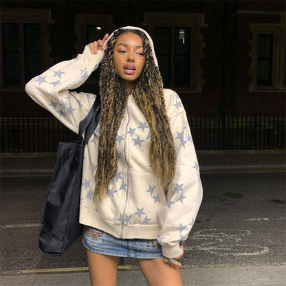 xakxx Vintage Star Pattern Hoodie Women Men Fairy Grunge Long Sleeve Zipper Jacket Harajuku Oversize Sweatshirt Streetwear Y2K Clothes