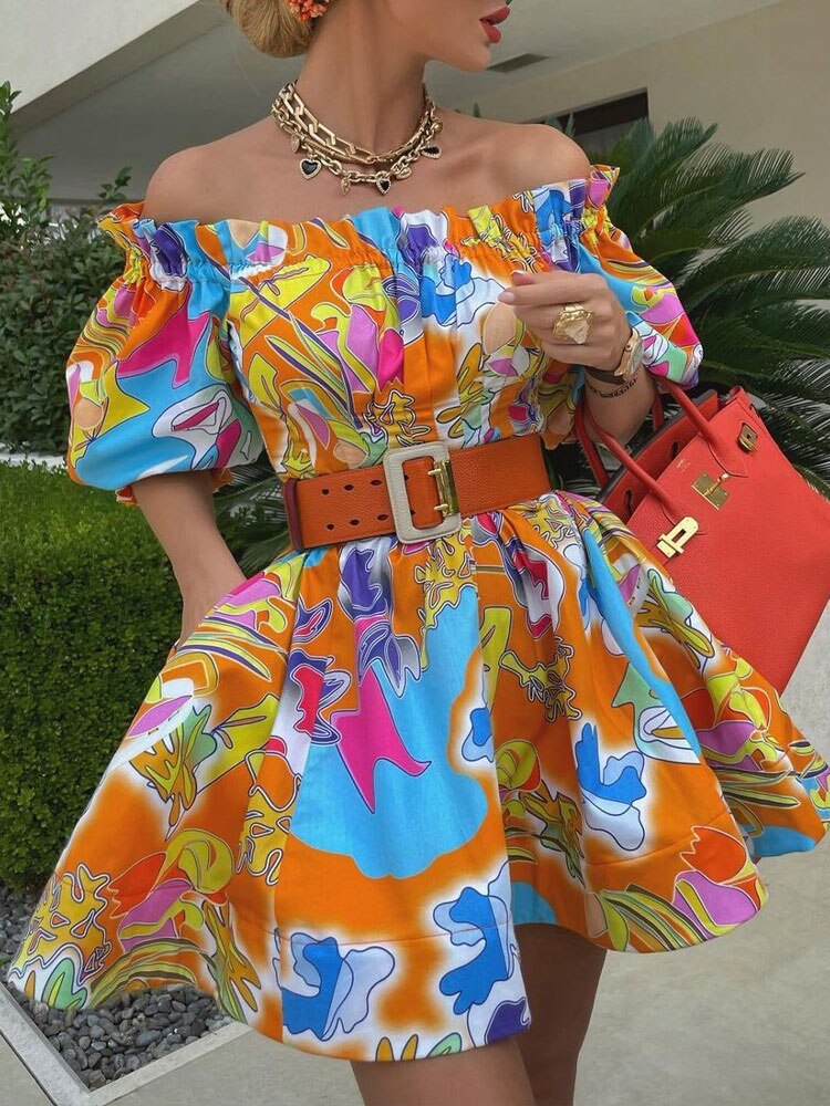 xakxx Women Sexy Off Shoulder Ruffle Belted Tunic Dress Elegant Lantern Sleeve Prom Dresses New Vintage Print Backless Mini Dress