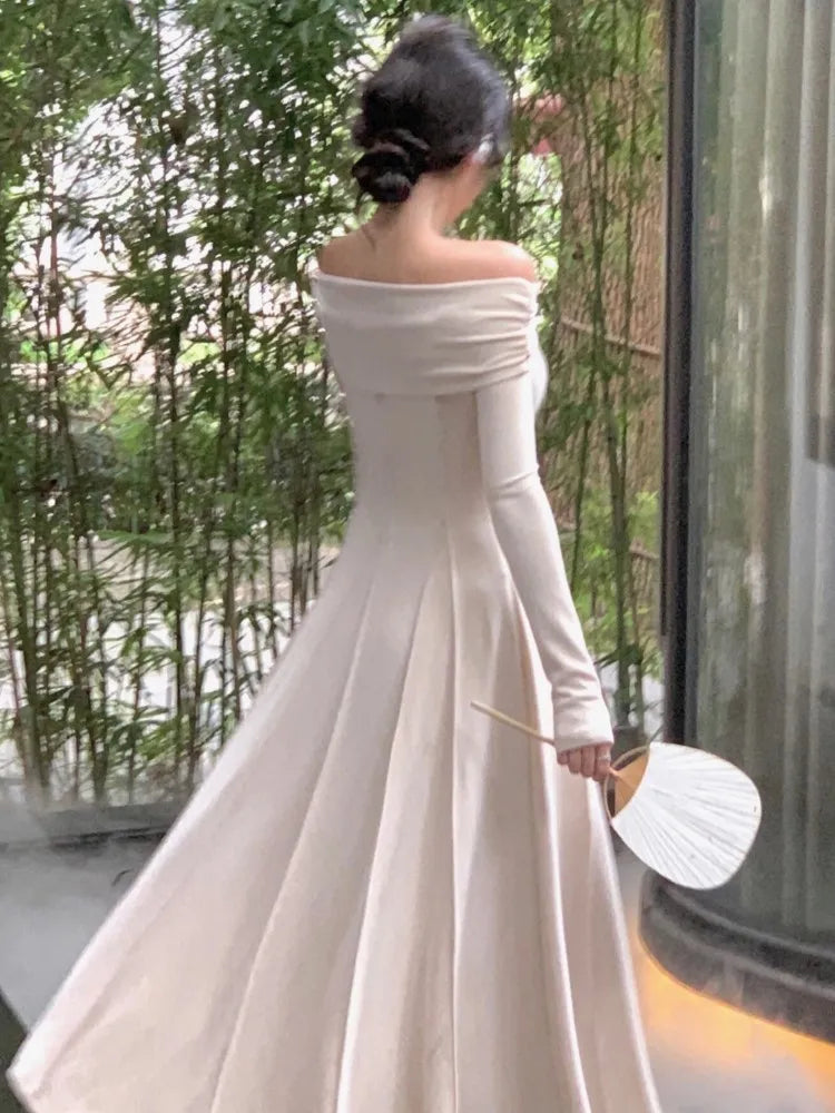xakxx Fashion Women Elegant Off Shoulder Party Dress French Solid Lady Vintage Long Sleeve Maxi Dresses Sexy New Flora Vestidos Robe