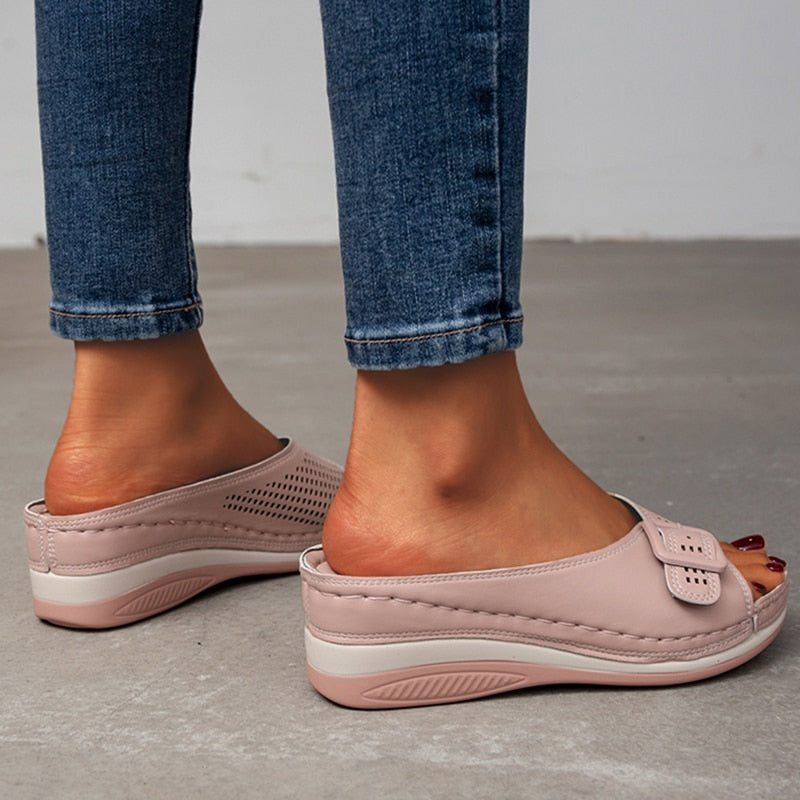 xakxx Back to school New Plus Size 43 Wedges Slippers Women Summer Buckle Peep Toe Sandals Woman Comfy Non Slip Beach Flip Flops Female