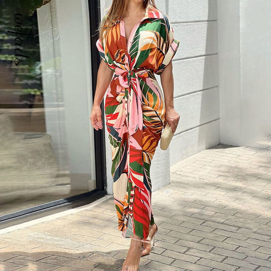 xakxx Women Lapel Tie Leaf Print Midi Dress Short Sleeve Tie Long Skirt Sexy Party Dress Elegant High Streetwear