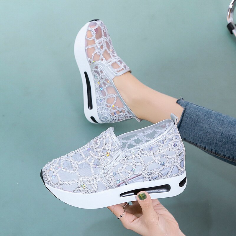 xakxx Female Wedge Shoes Sequin Mesh Breathable Shoes Women Gold Silver Platform Sneakers Women Height Increasing Wedges Casual Shoes