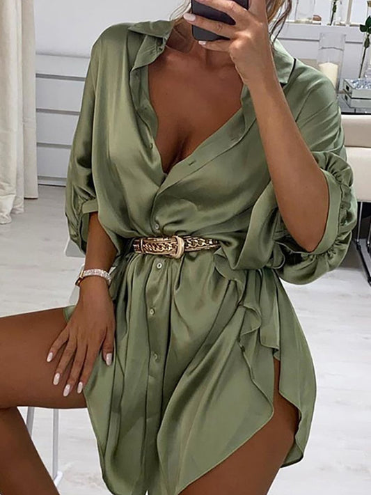 xakxx Women Autumn Fashion Long Sleeve Casual Short Dress Satin Ruched Shirt Dress Without Belt