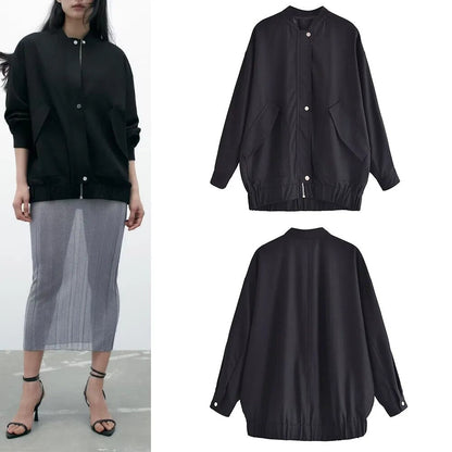 xakxx - New Women's Casual Vibrant Temperament Fashion with Flap Front Pockets Black Long Bomber Jacket Outerwear