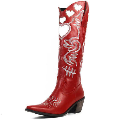 xakxx Halloween Cowboy Knee High Boots For Women Western Love Heart Slip On Stacked Heels Long Boots Pointed Toe Walking Casual Autumn Shoes