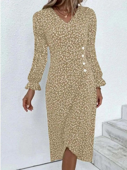 xakxx-  Autumn Floral Bodycon Midi Dress For Women V Neck Long Sleeve Ruched Slim Fit Dresses Female Sexy Vestido Robe