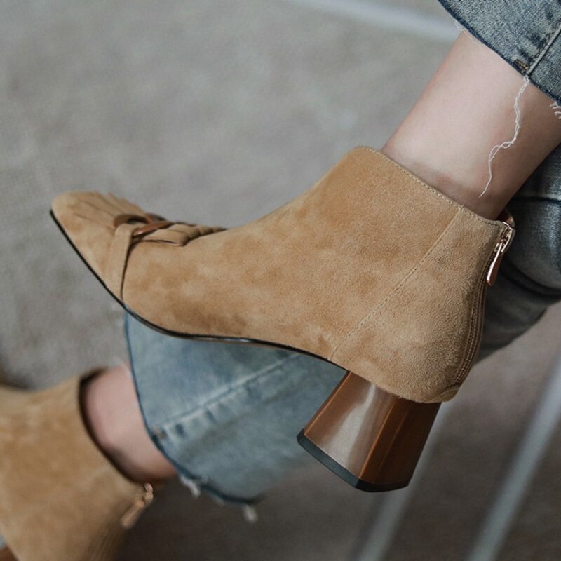 xakxx Autumn/Winter Women Boots Sheep Suade Round Toe Square Heel Mid-Heel Ankle Boots Fringed Zipper Fashion Office Lady Shoes