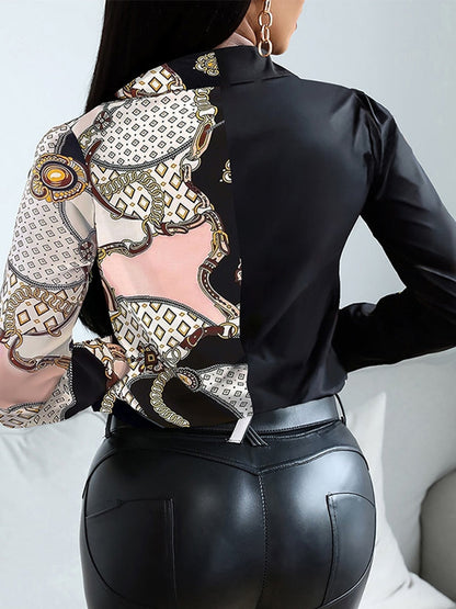 xakxx Women Fashion Shirt Lady Long Sleeve Blouse Turn-Down Collarbutton Design Print  Casual Shirts