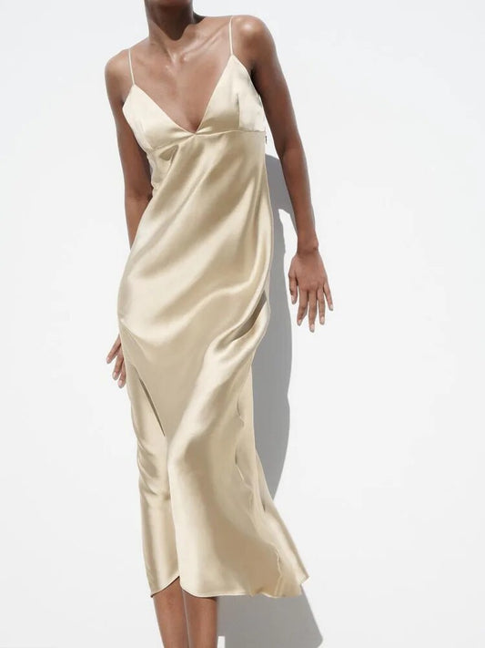 xakxx- New Women's Silk Satin Texture Underwear V Neck Adjustable Spaghetti Straps Open Back Side Seam Concealed Zipper Closure Dress
