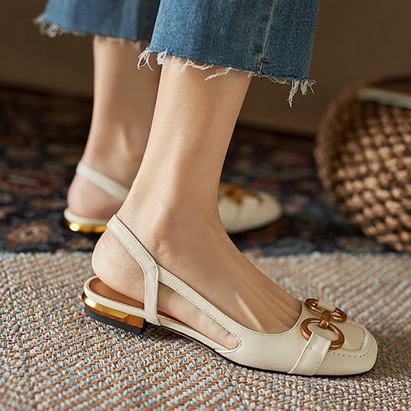 xakxx Autumn Women's Flats Solid Color Metal Decoration Ladies Sandals Square Toe Fashion Female Shoes Luxury Retro All-Match Pumps