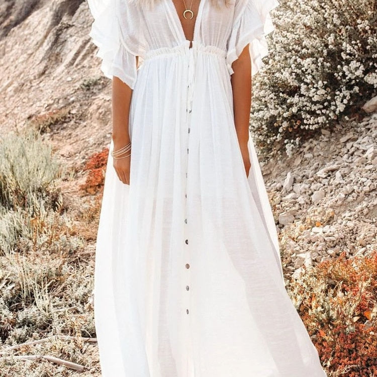 xakxx Women Long Dress Boho Summer Beach Bikini Cover Up Dresses Laides Maxi Casual V-Neck Sundress Vintage Sexy Robe Longue