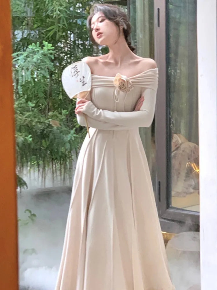 xakxx Fashion Women Elegant Off Shoulder Party Dress French Solid Lady Vintage Long Sleeve Maxi Dresses Sexy New Flora Vestidos Robe