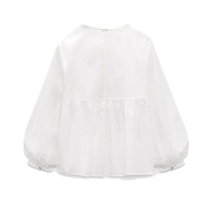 xakxx xakxx - New women's casual all-match round neck lace decoration long-sleeved white slit blouse top 3666122