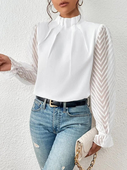 xakxx xakxx- Luxury Half High Collar Blouse Lady Panel Wave Pattern Ruffle Leaf Long Sleeved T-Shirt  Autumn Winter Clothes
