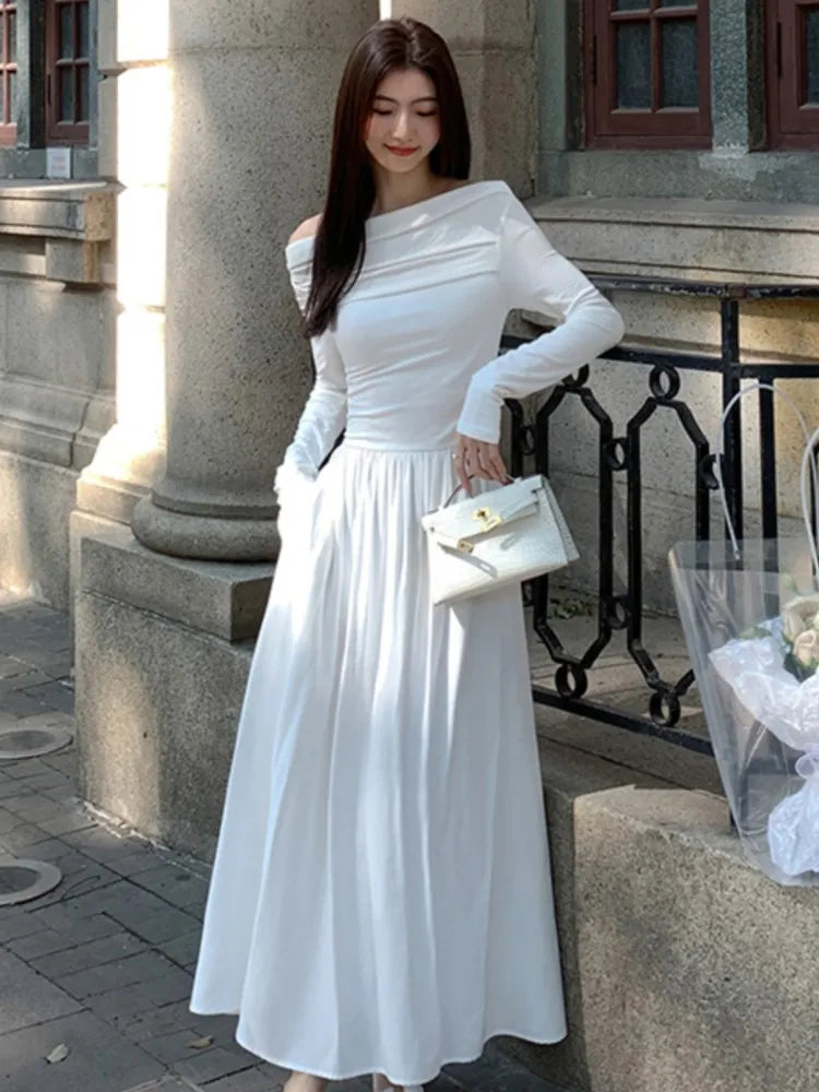 xakxx French Women Off Shoulder Midi Dress  Casual Female A-line One Pieces  Fashion Vintage Long Sleeve Lady Solid Casual Clothes