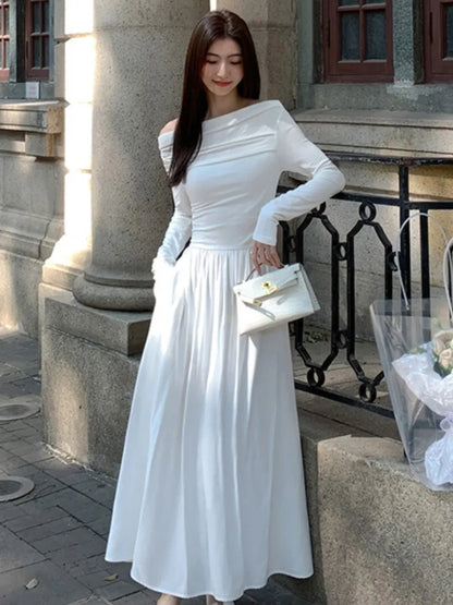 xakxx French Women Off Shoulder Midi Dress  Casual Female A-line One Pieces  Fashion Vintage Long Sleeve Lady Solid Casual Clothes