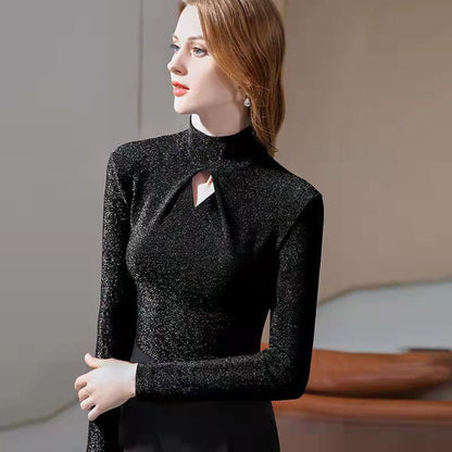 xakxx Black Fridy Golden Hollow Out Women's Blouse Fashion Slim Fit Turtleneck Bottom Blouses Female Elegant Long Sleeve Shirts Tops