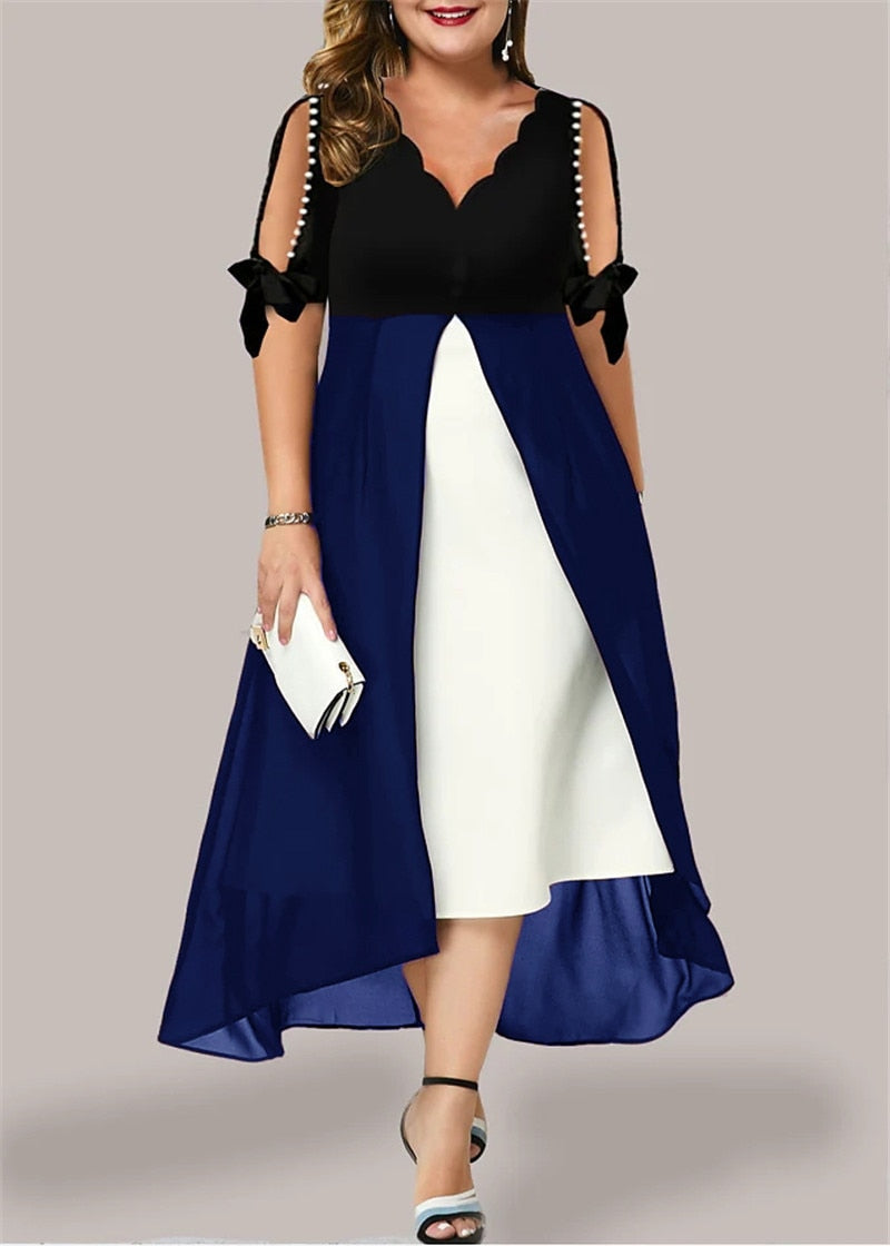 xakxx Women's Summer V-Neck Stitching Fake Two Pieces Of Rrregular Middle Sleeve Wavy Neck Sexy Hot Girl Dress
