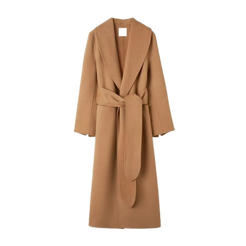 xakxx Winter Female Clothing Reversible Wool Casual Belted Long Tweed Coat Jackets for Women