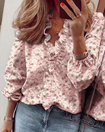 xakxx- Fashion Pineapple Print Shirt Women's Ruffled Collar Long Sleeve Top Young Girl Solid Color Casual Blouse 5Xl