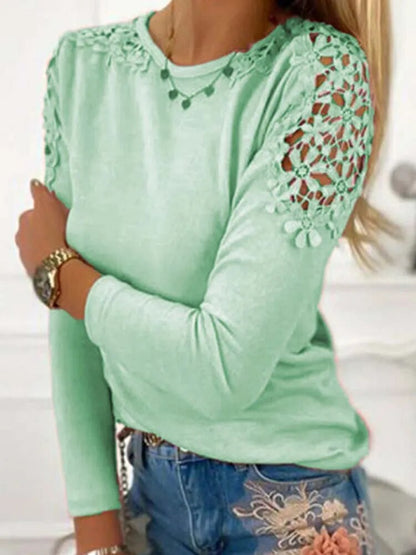 xakxx- Women Autumn Solid T Shirt Lace O Neck Long Sleeve Female Casual Loose Plus Size Blouse Tops 5Xl